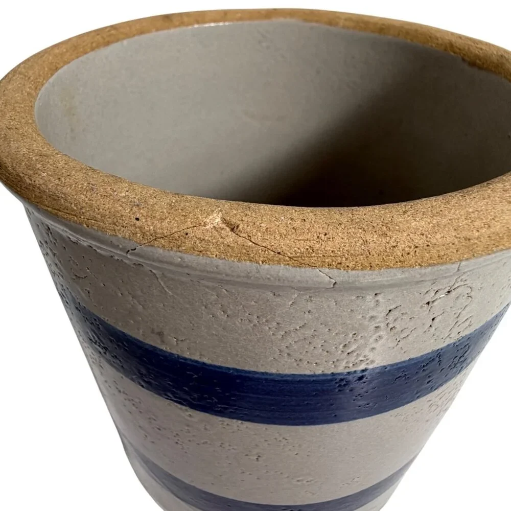 Stoneware Crock w/ Blue Stripes - Rustic Kitchen Utensil Holder Decorative Vase